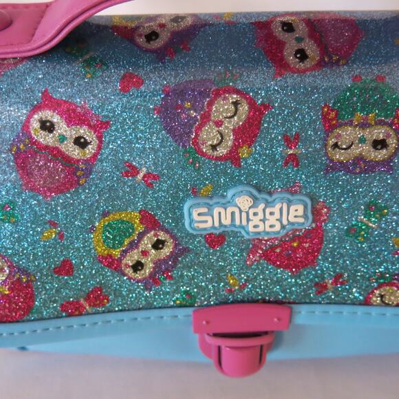 SMIGGLE Owl Purse/Handbag/Makeup Bag/Pencil Case Glitter Zippers Pom Poms Blue - Picture 4 of 12